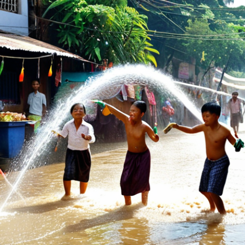 **Image Prompt:** A vibrant street scene in Yangon during Thingyan. People of all ages joyfully splashing water on each other with hoses and water guns. Traditional Burmese music playing in the background, and food vendors selling Mohinga. Focus on the energy and excitement of the celebration.