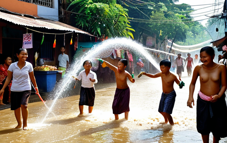 **Image Prompt:** A vibrant street scene in Yangon during Thingyan. People of all ages joyfully splashing water on each other with hoses and water guns. Traditional Burmese music playing in the background, and food vendors selling Mohinga. Focus on the energy and excitement of the celebration.