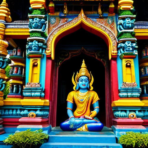 Home 3 미얀마 힌두교 사원 방문 가이드 - A vibrant, colorful temple in Yangon, Myanmar, featuring intricate carvings of Hindu deities. Focus ...