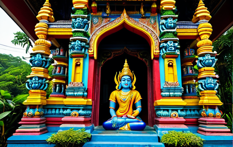 미얀마 힌두교 사원 방문 가이드 - A vibrant, colorful temple in Yangon, Myanmar, featuring intricate carvings of Hindu deities. Focus ...